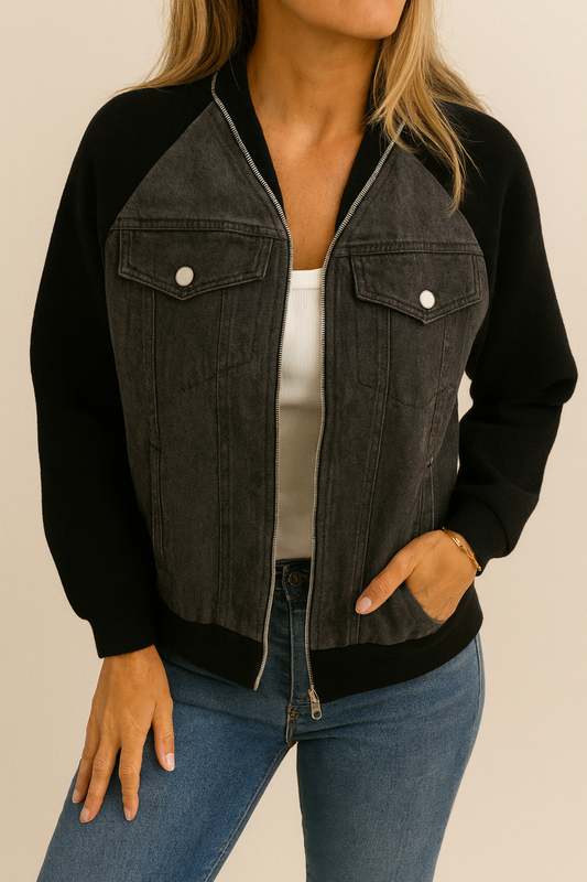 Denim Contrast Bomber Jacket – Casual with a Modern Twist