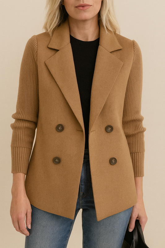 Double-Breasted Knit-Sleeve Jacket – Modern Sophistication