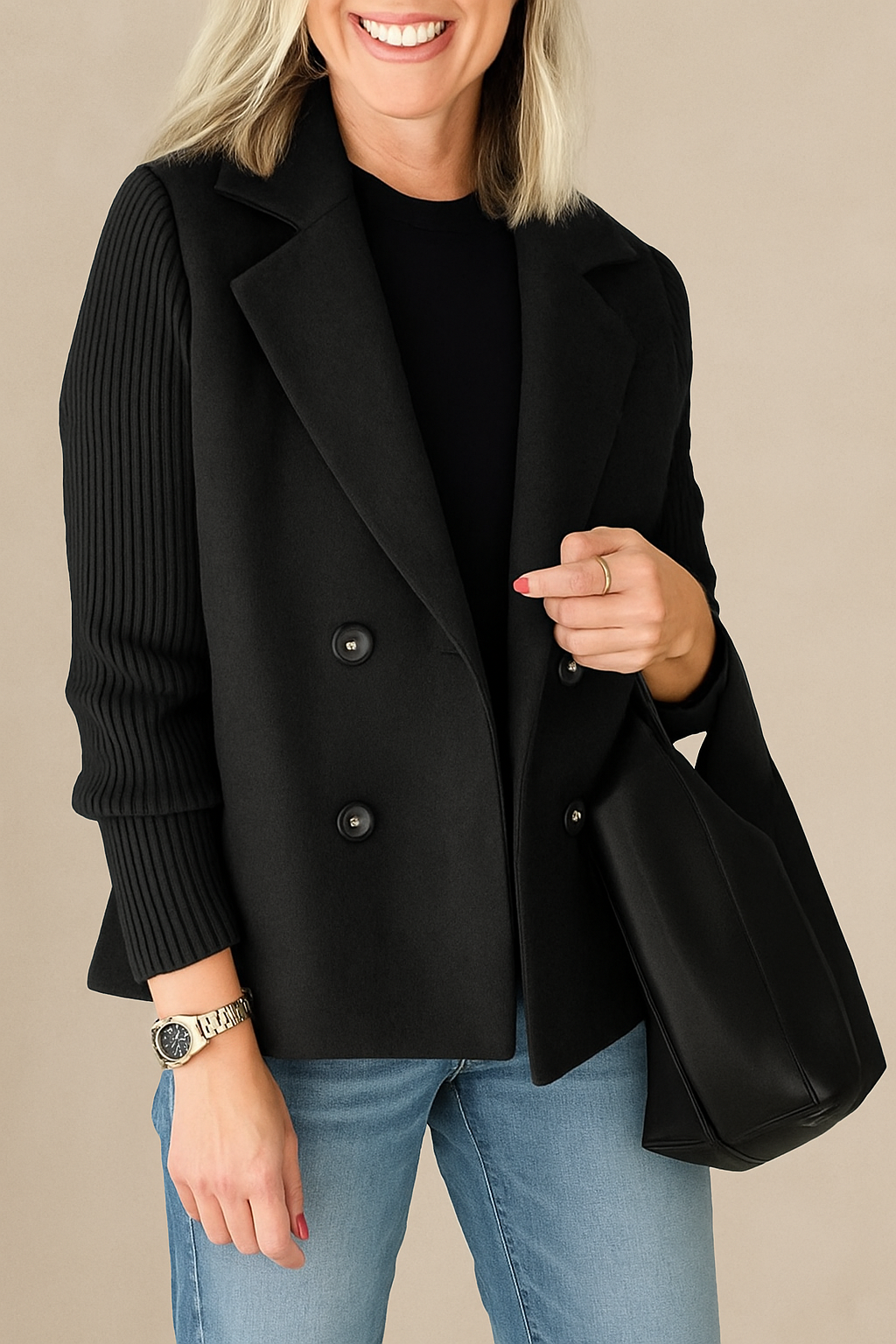 Double-Breasted Knit-Sleeve Jacket – Modern Sophistication