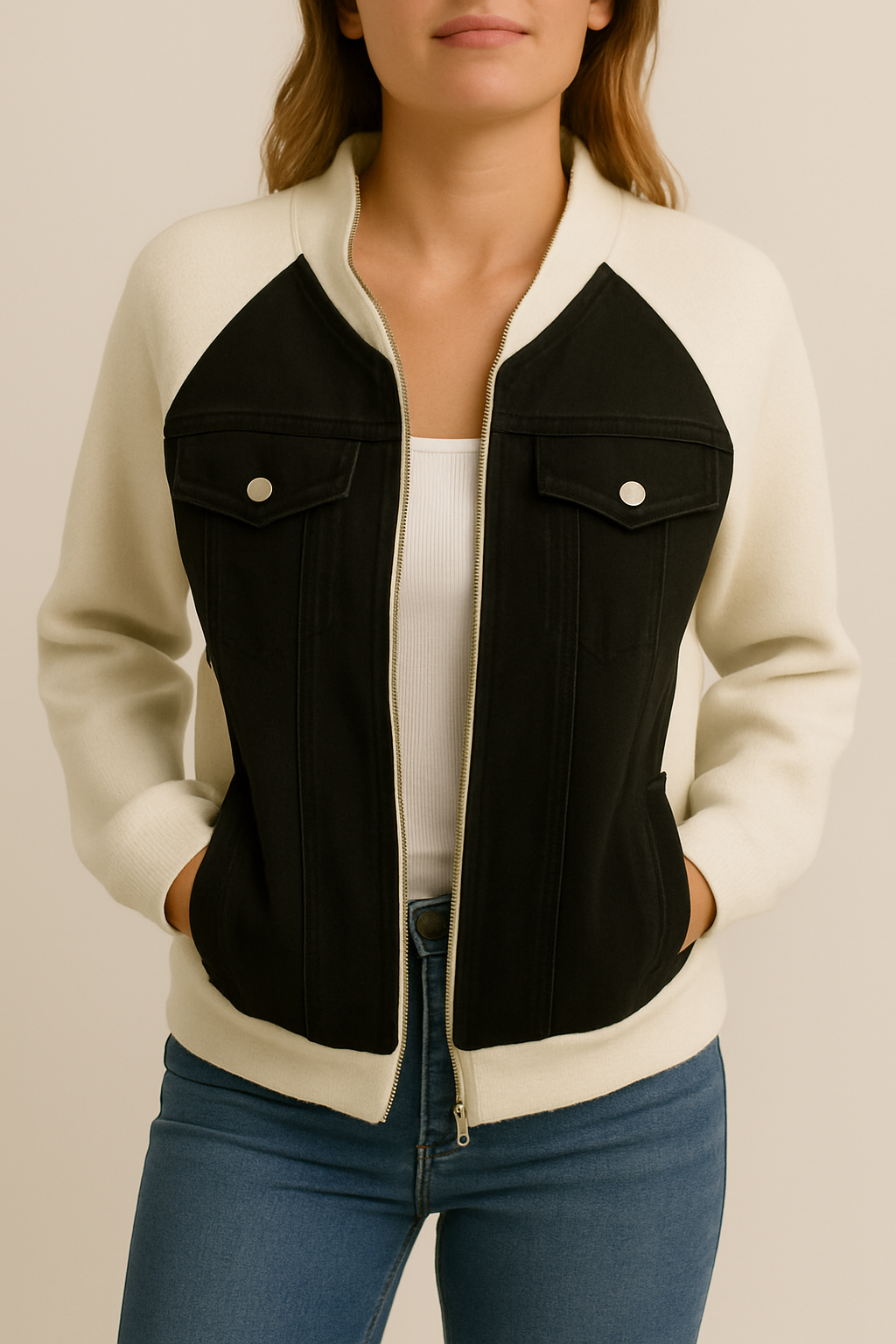 Denim Contrast Bomber Jacket – Casual with a Modern Twist