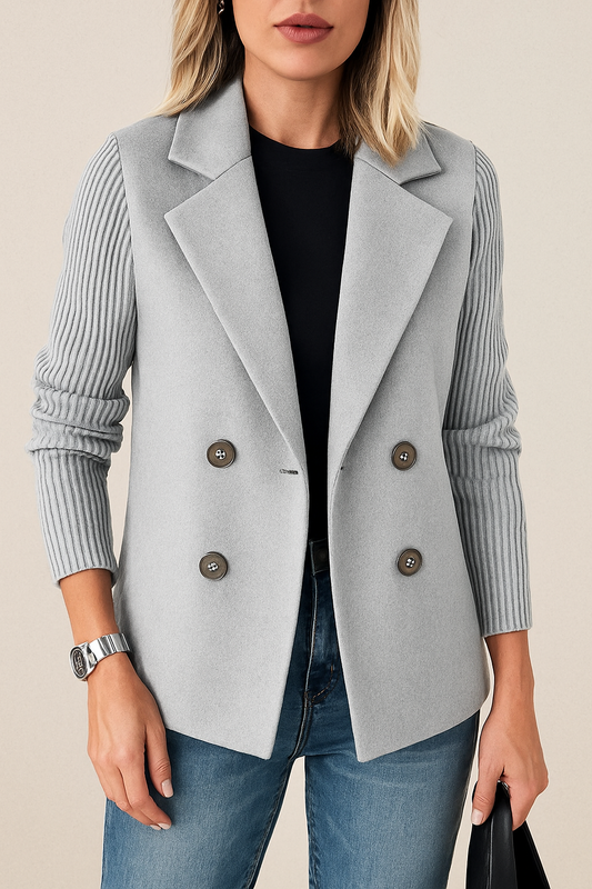 Double-Breasted Knit-Sleeve Jacket – Modern Sophistication