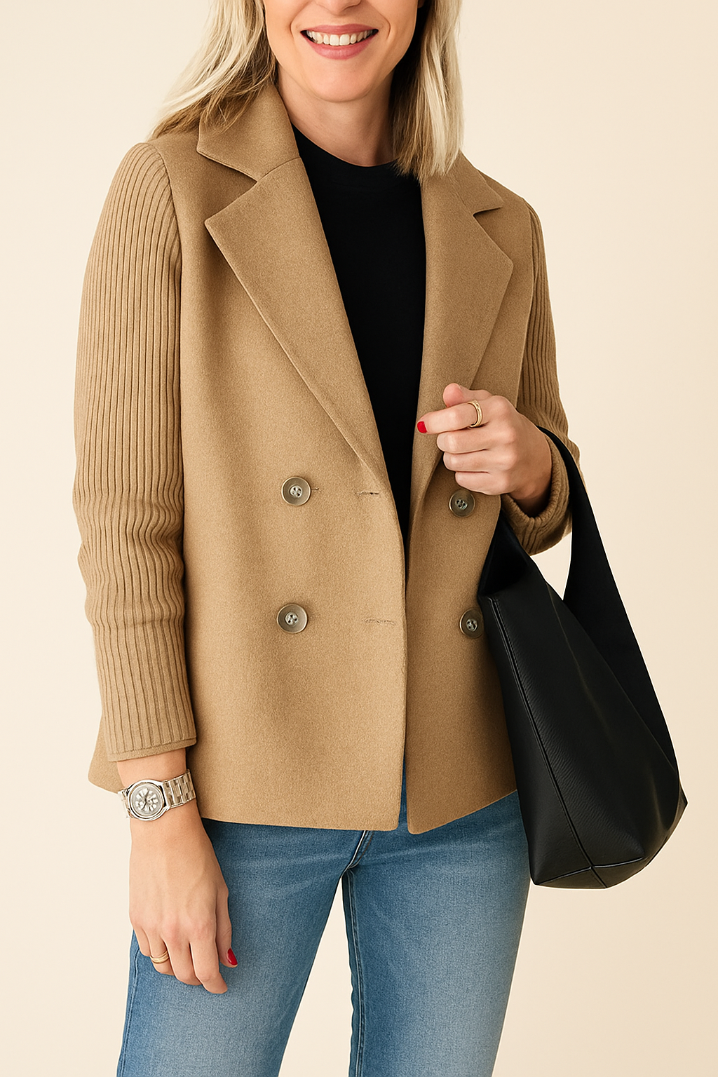 Double-Breasted Knit-Sleeve Jacket – Modern Sophistication